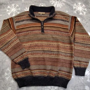 Waliki Sweater Mens Large Brown Alpaca Aztec Striped Wool 1/4 Zip Preppy Basic - Picture 1 of 8