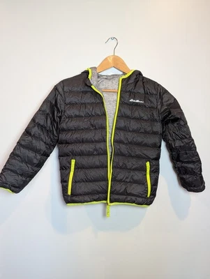 Eddie Bauer Size S 7/8 Reversible Down Jacket Black Gray Zip Puffer Hooded - Image 1 of 4