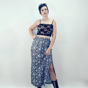 Vintage 90s Skirt M Floral High Waisted Maxi Elastic Waist Slit Leg Ankle Length - Picture 1 of 8