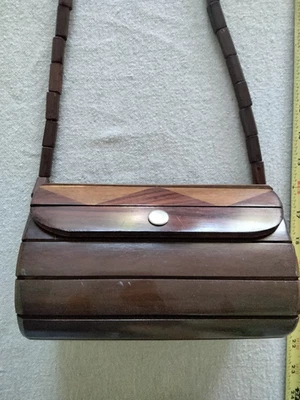 Vintage Hippie Wood Inlay Handbag With Wood Bead Crossbody Strap Purse Bag - Image 1 of 4