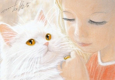 ACEO original pastel drawing little girl with white cat by Anna Hoff Germany - Image 1 of 2