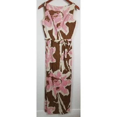 De colección. Mujer Años 60 Talla Maxi Vestido XS Floral Rosa y Marrón Mezcla de Lino Foto 1 de 4