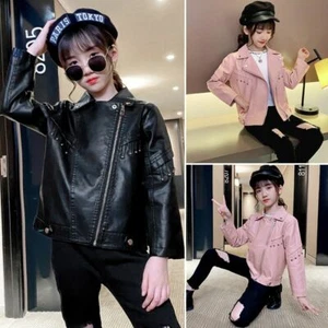 Toddler Baby Black/Pink Faux Leather Jacket Zip Coat Kids Biker Jacket Clothes - Picture 1 of 14