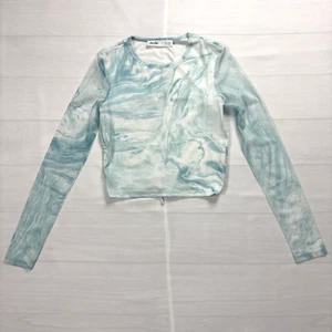 Elodie Damen transparentes Netz Marmor Print Langarm Crop Top blau weiß Tie Back - Bild 1 von 5
