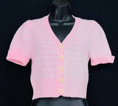 Suéter Crop Top Rosa Vintage Años 70, Cárdigan Acanalado Floral Acrílico Punto Blanco S Foto 1 de 4