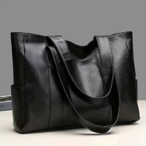 Women's Large Black PU Leather Minimalist Classic Shoulder Tote Bag Handbag Work - Picture 1 of 8