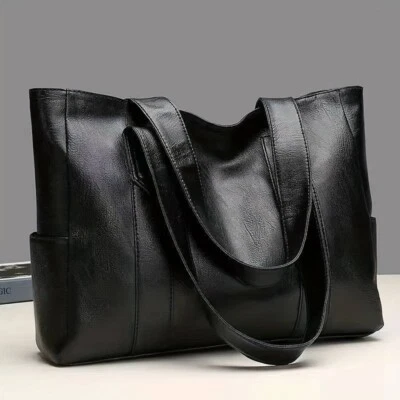 Women's Large Black PU Leather Minimalist Classic Shoulder Tote Bag Handbag Work - Image 1 of 4