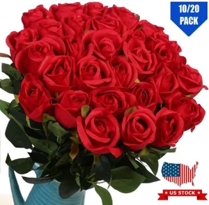 20Pcs Artificial Red Roses Silk Lifelike Flowers Wedding Bouquet Roamtic Gift US - Picture 1 of 12