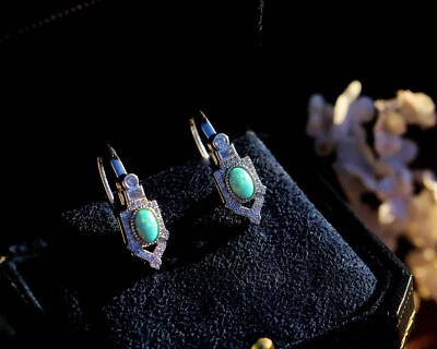 Orecchini Dormeuse Argentato Arte Deco Incastonato Zirconia Cubica Ovale Opale - Immagine 1 di 4