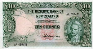 NEW ZEALAND 10 POUNDS AA PREFIX FLEMING AA 095438 gEF/aUN  SMALL CUT ON TOP - Picture 1 of 7