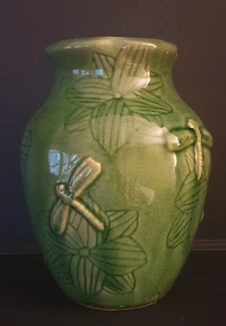 Green Glazed Dragonfly Flower Crackle Vase Pottery Ceramic Traditional Flowers - Picture 1 of 15