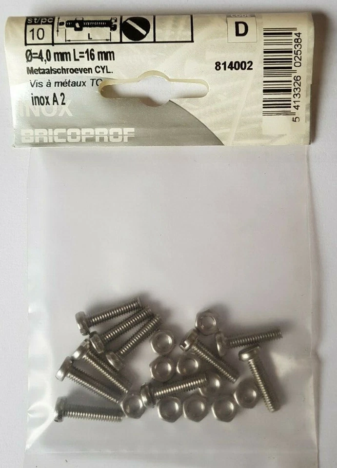 BRICOPROF INOX Edelstahl 10xGewindeschrauben Mutter 4x16mm Zylinderkopf  Schlitz - Bild 1 von 1