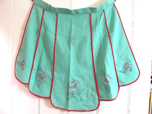 Vintage Retro Handmade Waist Apron Green with Red Trim Floral Theme - Picture 1 of 7
