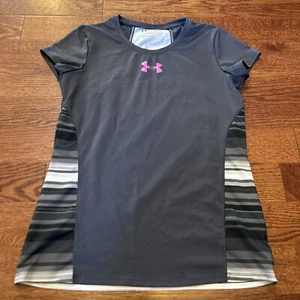 Under Armour Fitted Heatgear Girl's YLG Gray Logo Polyester Stretch Top T Shirt - Picture 1 of 9