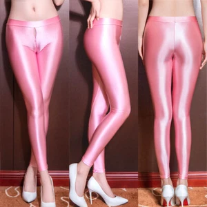 Damen Satin glänzend glänzend Leggings Reißverschluss offener Schritt Wetlook Slim Hose Trousers - Bild 1 von 19