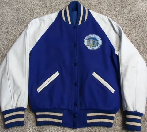 Vintage Golden State Warriors Wool Leather Varsity Bomber Jacket USA Made Sz 34 Cover