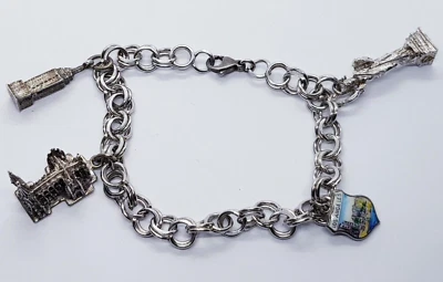 Vintage USA Theme Charm Chain Bracelet Sterling Silver Empire State Double Cable - Image 1 of 4