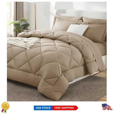 Элегантная двуспальная кровать в сумке: серо-коричневый комплект из 7 предметов с пуховым альтернативным одеялом - Изображение 1 из 4