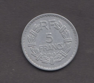 Francia 1945. 5 francos. Cabezal Laureado. Corona. República Francesa. KM#888b Foto 1 de 2