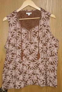 J Jill Blusa Senza Maniche Donna Taglia XL Marrone Piante Tropicali Scollo a V Nappa... - Foto 1 di 7