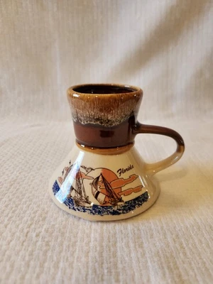 Taza de café Florida vintage esmalte por goteo marrón gres diseño sin derrames veleros Foto 1 de 4