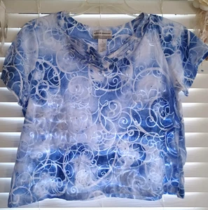 Alfred Dunner Petite PL Blue White Swirl Print Rhinestone Embellished V-Neck Top - Picture 1 of 6