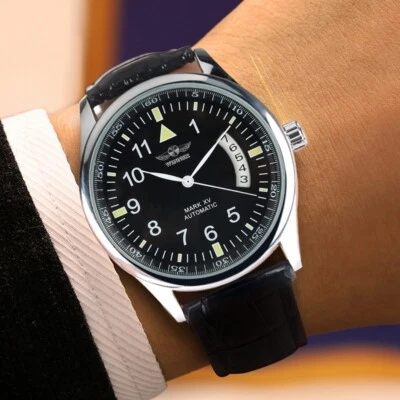 Reloj mecánico automático WINNER para hombre esfera luminosa negro/blanco relojes de cuero Foto 1 de 4