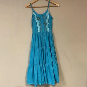 Vintage Midi Sundress Women's Small Blue Cotton Floral Embroidered Summer Boho - Picture 1 of 6
