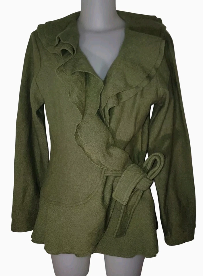 Y2k Women Boho Green 100% Wool Cardigan Sweater Ruffle Tie Front Preppy Jacket L - Image 1 of 4