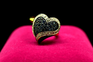 MSI 10k Yellow Gold pave blue sapphire & diamond heart shaped ring band size 7