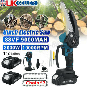 3000W Mini Cordless Chainsaw 6" Electric One-Hand Saw Wood Cutter + 2 Batteries