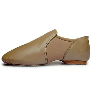 SLIP ON JAZZ SHOES TAN LEATHER RUBBER SPLIT SOLE BALLET LEOTARD SOLE UNISEX - Picture 1 of 8