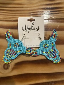 Earrings Seed Beads Cow Skulls Colorful Western Drop Fashion Jewelry - Picture 1 of 4