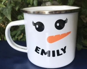 Invierno Navidad Camping Taza Esmalte Acero Inoxidable Taza Mujer Nieve "EMILY" 12 oz - Imagen 1 de 6