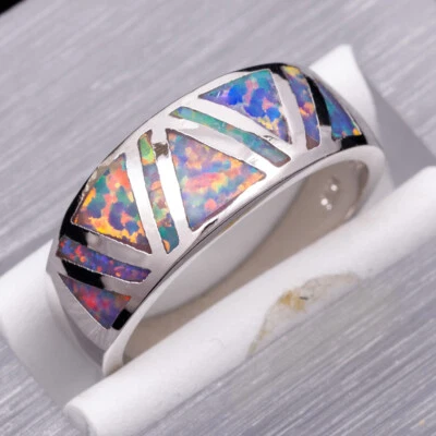 Triangle Lavender Purple Fire Opal Silver Jewelry Women Band Ring Size 7 8 9 10 - Image 1 of 4