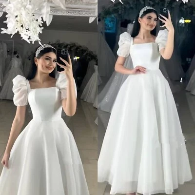 Tulle Wedding Dresses Puff Sleeves A Line Elegant Square Neck Simple Bridal Gown - Image 1 of 4