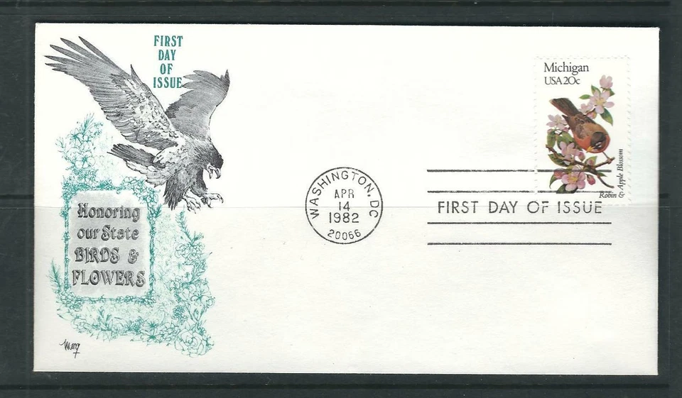 US SC # 1974 State Birds And Flowers ( Michigan ) FDC . Marg Cachet - Image 1 of 1