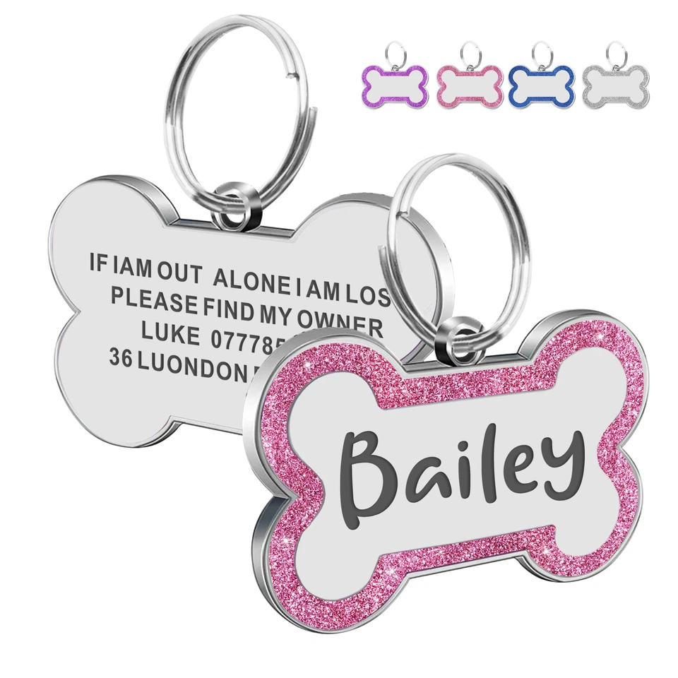 EDSG Personalised Dog Cat Pet Tag Glitter Bone ID Name Tags Double Sided Engraved UK