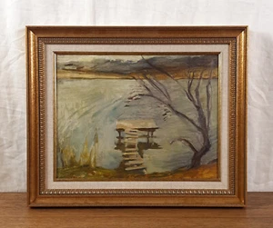 Paesaggio fluviale, paesaggio autunnale, olio alberi gialli, dipinto olio originale - Foto 1 di 9
