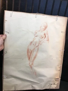 Vtg Charcoal Red Pencil Art DRAWING SKETCH Portrait Nude Woman Standing 22x17in - Picture 1 of 3