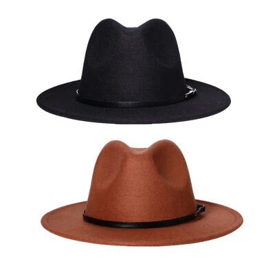 Men Women Wool Fedora Hat Felt Panama Cap Jazz Wide Brim Belt Church Cowboy - Image 1 of 4