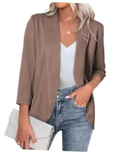 Womens 3/4 Sleeve Blazers Lightweight Open Front Cardigan Jacket Small Taupe - Picture 1 of 7
