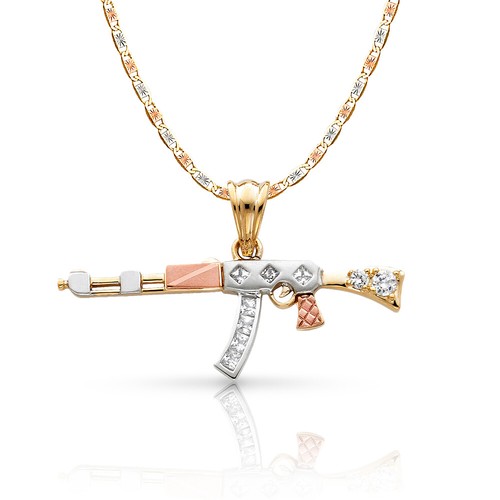 Ciondolo Ciondolo Ciondolo Pistola Fucile Oro 14K Tri Tone 4 8 mm Catena Stellare Valentino