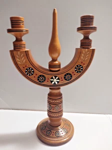 Ukranian Carved/Inlaid Wooden Candlestick Holder Mother of Pearl 10 1/2" Tall - Picture 1 of 6