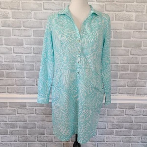 Camisa túnica vestido algodón Lily Pulitzer Shorley verde azulado concha marina M Resort Wear playa - Imagen 1 de 9