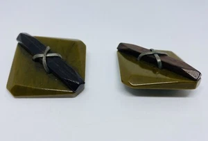 Set of (2) Giant Antique (1920s) Art Deco Carved Jade Bakelite Shank Buttons - Picture 1 of 3