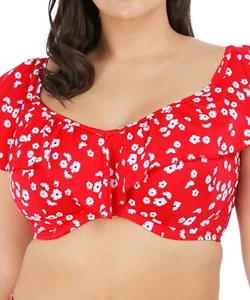 Elomi Plain Sailing Bikini Top Red Daisy Size 42HH Underwired Bra Ruffles 7273 - Picture 1 of 12
