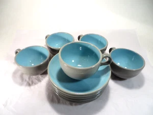 (5) Set tazze da tè e piattini Harkerware in gres blu e grigio 3,5" e 6" - Foto 1 di 10