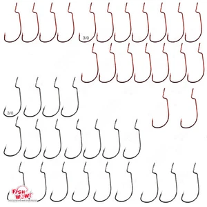 40pcs Fish WOW!® 3/0 Fishing Worm Hooks Black & Red Finish Shank Wide Gap Bass - Picture 1 of 8