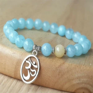 8mm Natural Aquamarine topaz Gemstone Mala Bracelet Buddhism Bead Meditation - Picture 1 of 2